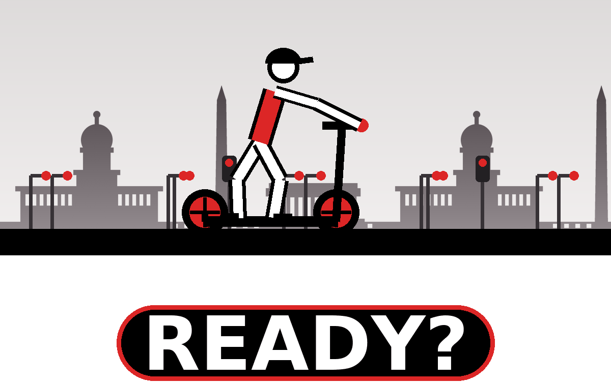 Animated demo of a rider kicking off the ground and then pressing the throttle on an electric scooter.